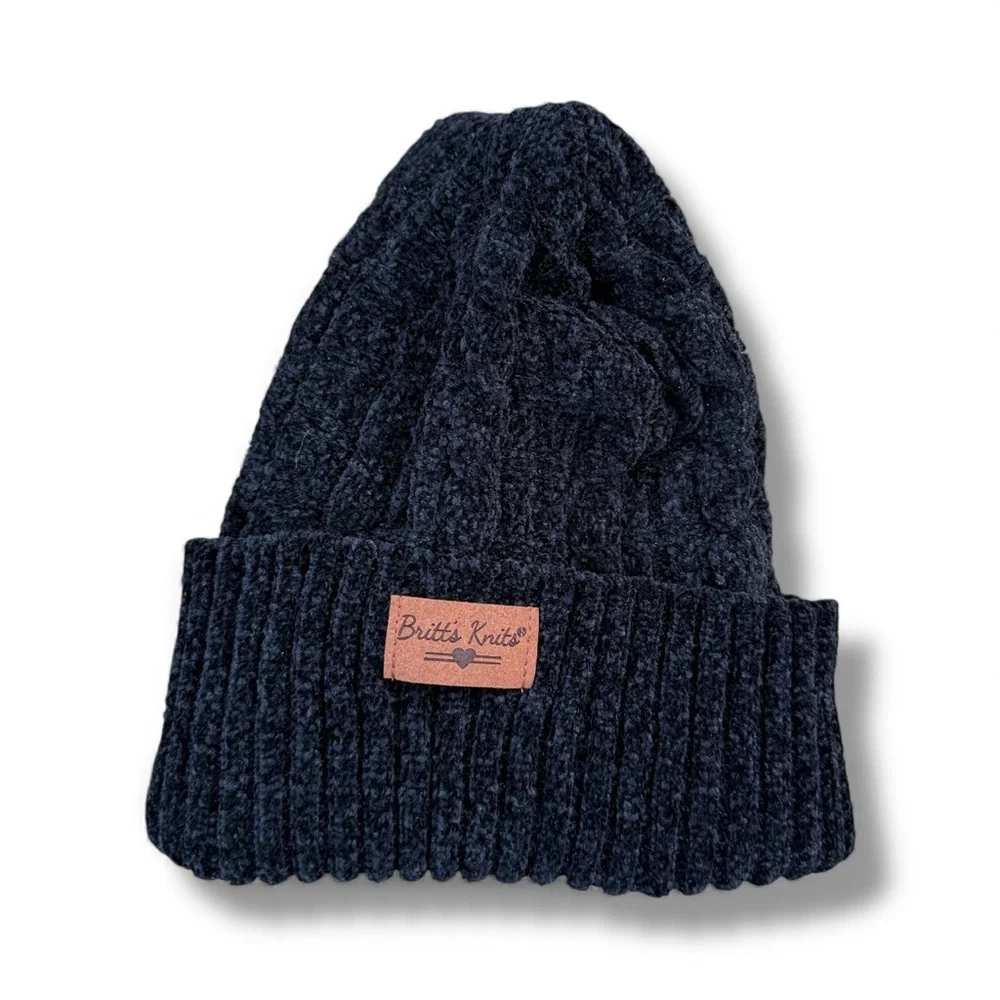 Britt's Knits Beyond Soft Chenille Beanie Black with Plush Lining Cable knit